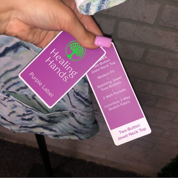 Healing Hands two button Jewel Neck blue and green patterned Scrub top - Picture 5 of 9